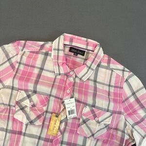 North River Outfitters Womens 2XL Button Down Plaid Shirt Pockets Pink White NWT